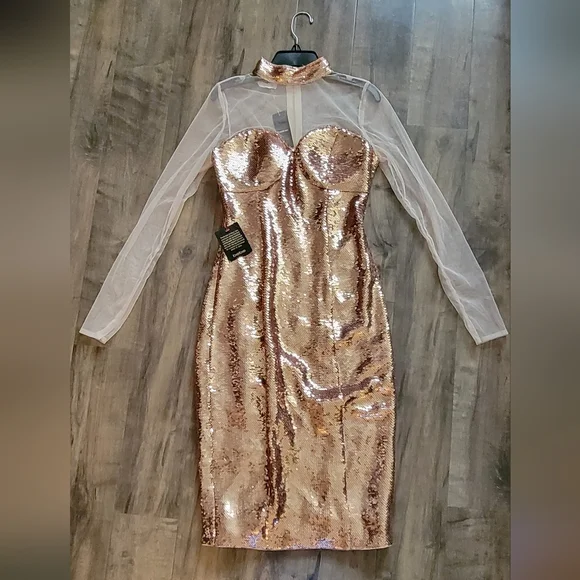 Bebe Rose Gold Sequin Bustier Mock Neck Dress - Picture 3 of 3